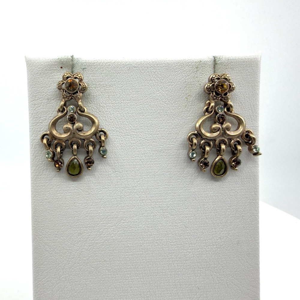 Ornate Chandelier Drop Earring Antique & Bronze Tone Floral Crystal Statement